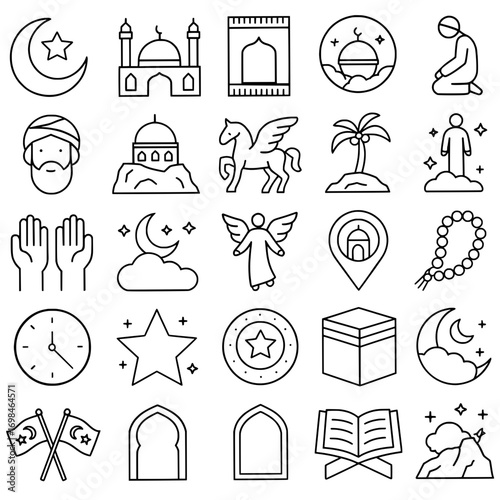 Icon pack, icon sheet, isra miraj theme, outline version, vector SVG, transparent background PNG