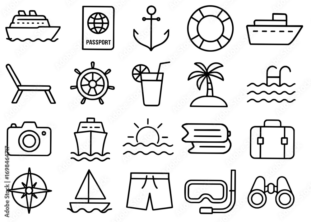 Fototapeta premium Icon pack, icon sheet, cruise theme, outline version, vector SVG, transparent background PNG