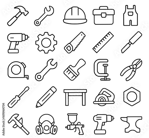Icon pack, icon sheet, carpentry tools theme, outline version, vector SVG, transparent background PNG