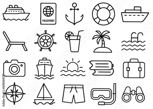 Icon pack, icon sheet, cruise theme, outline version, vector SVG, transparent background PNG