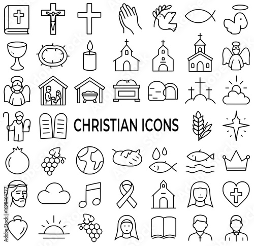 Icon pack, icon sheet, christian theme, outline version, vector SVG, transparent background PNG