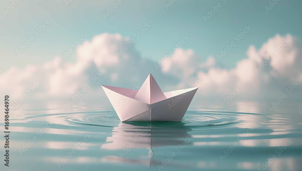 Obraz premium A delicate paper boat sails on calm rippling water under a soft cloudy sky