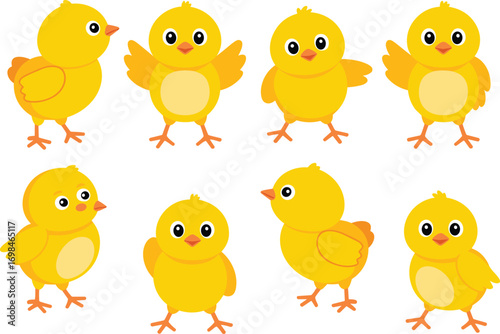 Cute cartoon baby chicks set, yellow bird illustrations, adorable animal characters, fun Easter designs, children’s graphics collection, animated farm birds, playful chick artwork