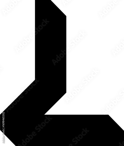 A bold black geometric shape with sharp angular lines and beveled corners resembling a stylized letter L.