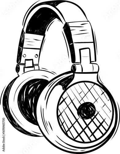Black and White Sketch of OverEar Headphones with Gridded Earcup Design.