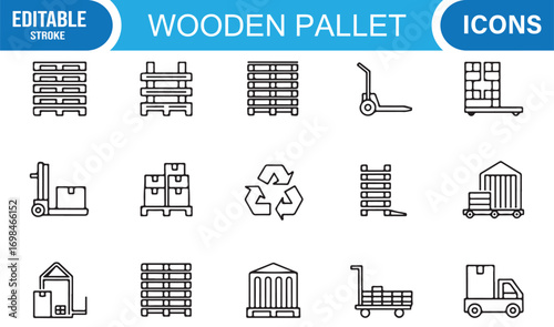 Forklift and pallet line icons pack with warehouse storage, delivery truck, and industrial logistic equipment