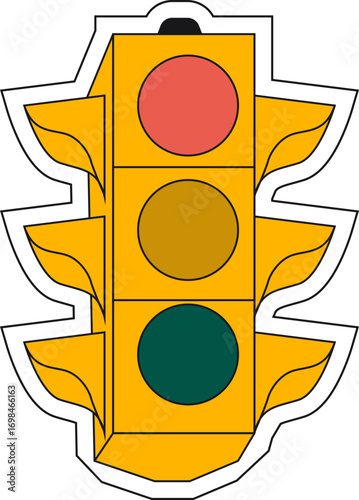 Cartoon yellow traffic light with red black and green signals featuring side visors and a bold black outline.