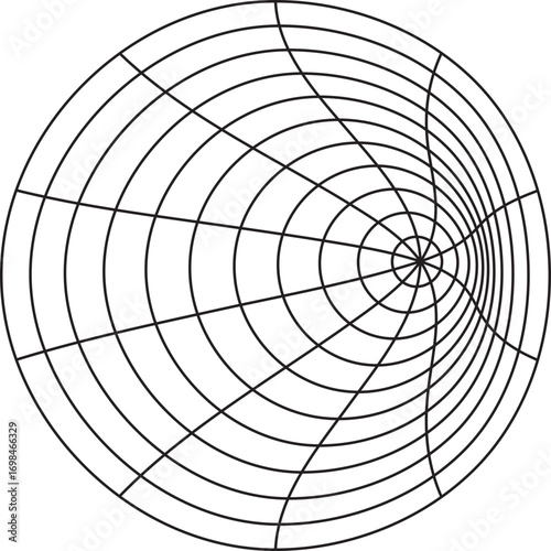 Detailed black and white Smith Chart grid a complex impedance diagram with concentric circles and curved lines.