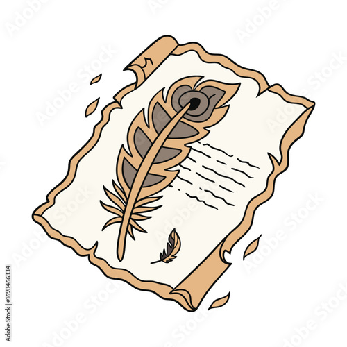 Print Feather quill pen on ancient parchment scroll