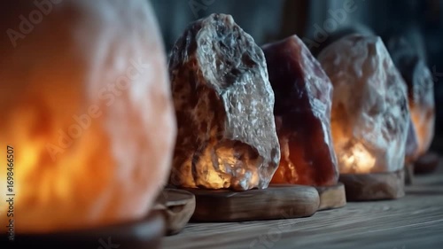 Glowing Himalayan Salt Lamps: An eye-level shot of a collection of captivating Himalayan salt lamps, emitting a warm, inviting orange glow. The natural formations of the salt crystals create a rustic.