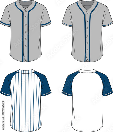 Baseball jersey mockup, front and back, raglan sleeve design, sports shirt template, athletic uniform template, vector illustration, blank baseball shirt set