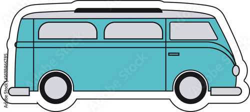Retro Turquoise Camper Van Illustration with Grey Roof Black Outlines and Roof Rack Side View.