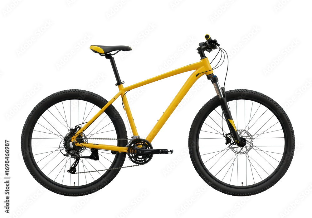 Obraz premium modern yellow mountain bike with knobby tires, black/yellow seat, silver components, in pristine studio on transparent background with copy space, subtle shadow. concept for outdoor sports advertising