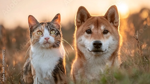 Golden Hour Portrait of Calico Cat and Shiba Inu
