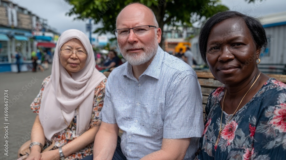 Fototapeta premium Three people enjoying a casual moment together at a busy outdoor market in a vibrant setting on a cloudy day