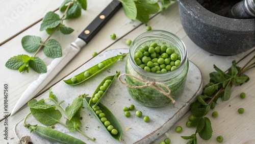 Fresh green peas and herbs arranged aesthetically in a bright kitchen.