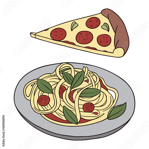 Print Italian food with pizza slice and pasta plate