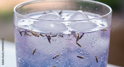 A closeup of a lavender drink with ice cubes in a clear glass featuring bubbles and dried lavender flowers