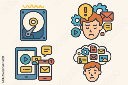 Digital Stress and Technology Overload Icons – Mental Health Concept_simple_compose