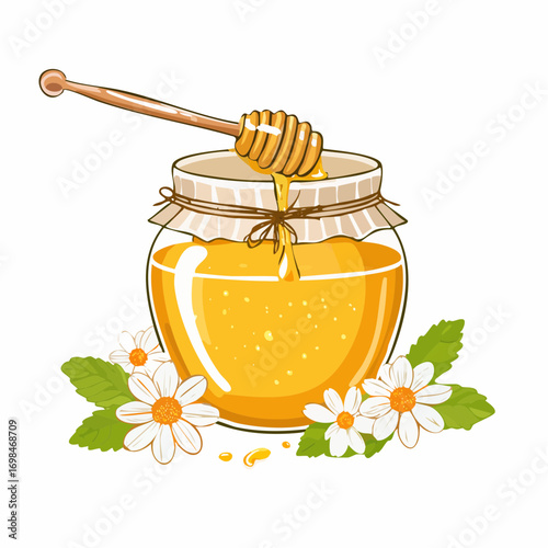 Honey icon. Glass pot full of honey. Vector hand draw illustration isolated on white background.