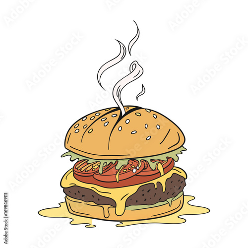 Print Hot steaming cheeseburger with melting cheese