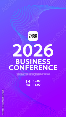 Flowing blue and purple wireframe lines create a futuristic background for a '2026 Business Conference' poster. This abstract tech design is ideal for a digital innovation or data summit.