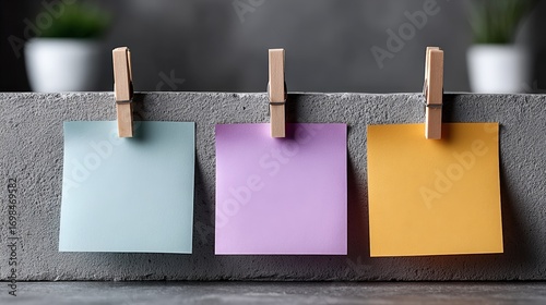 Colorful sticky notes attached with clothespins to concrete wall