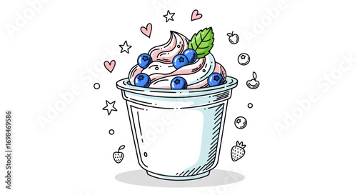 Hand-drawn cup of swirled yogurt with fresh blueberries and a mint leaf.
