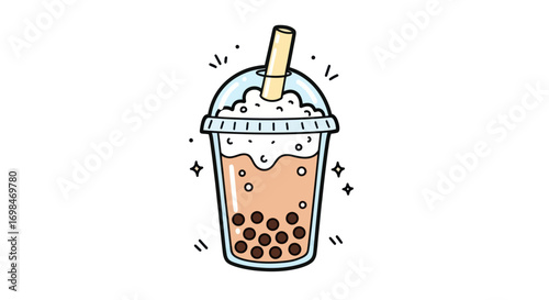Cartoon Bubble Tea with Tapioca Pearls and Straw in Plastic Cup.