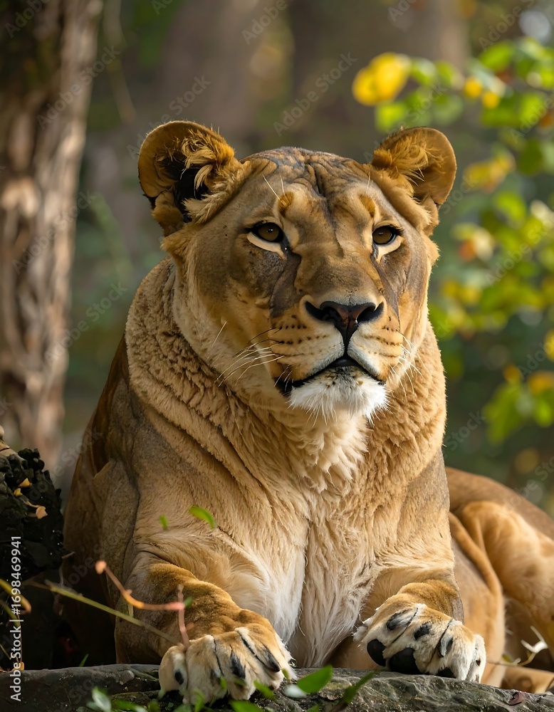 Obraz premium A regal lioness rests peacefully, her golden fur highlighted by the dappled sunlight filtering through the trees.