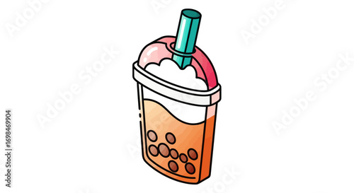 Colorful Bubble Tea Drink Illustration with Straw and Tapioca Pearls.