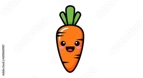 Cute kawaii carrot character with a happy smiling face and green leafy top.