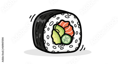 Colorful Sushi Roll with Salmon, Avocado, and Cucumber Filling.