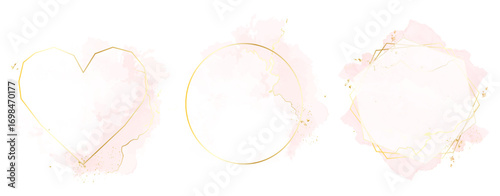 Trendy simple logo design vector backgrounds. Golden line art, watercolor style pink texture splash. Delicate blush color cards. Painted handdrawn spot.Elegant decoration detail. Isolated and editable