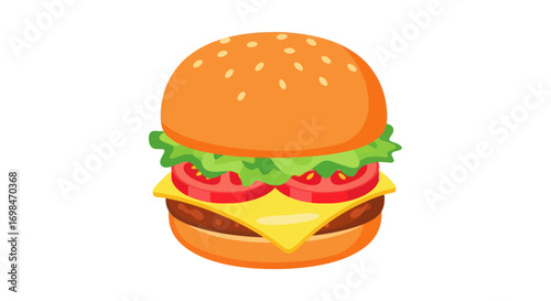 Delicious Cartoon Hamburger with Cheese, Lettuce, and Tomatoes.