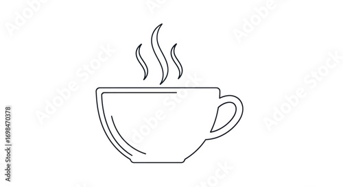 A simple black line art icon of a steaming hot coffee or tea cup.