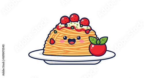 A cute kawaii cartoon of a smiling spaghetti pasta dish with meatballs and a fresh tomato.