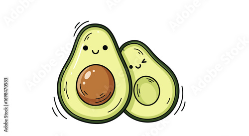 Cute Cartoon Avocado Halves with Smiling Faces.