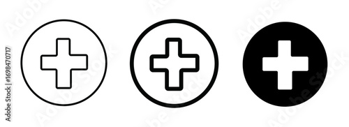 Vector art of three plus signs in circles, one black and two outlined