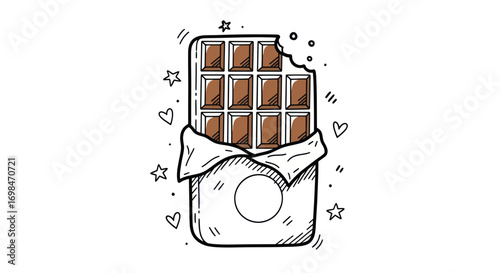 Hand-drawn sketch illustration of a bitten milk chocolate bar in an open wrapper.