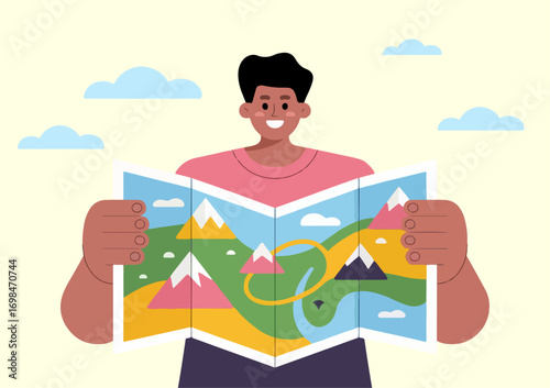 Traveler Holding Map with Mountains and River – Cartoon Vector Illustration of Tourist Exploring Adventure and Journey Concept