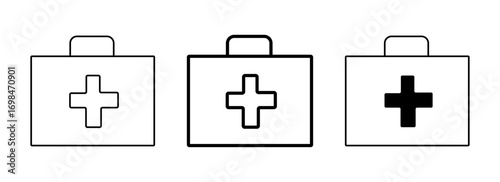Vector art of three icons of a first aid kit with a cross symbol, , symbolizing emergency medical care