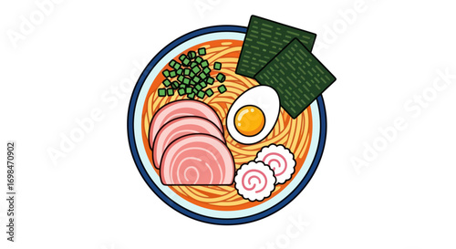 Delicious Illustrated Ramen Bowl with Pork, Egg, and Seaweed.