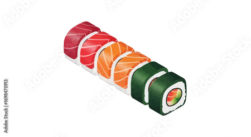 Assortment of Fresh Sushi Rolls with Salmon and Tuna.