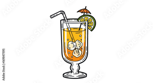 Illustrated Refreshing Summer Cocktail in a Tall Glass with Ice, Straw, Lime, and Umbrella.