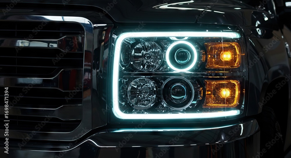 Obraz premium Closeup of a dark trucks illuminated headlight showcasing a square design with chrome grille details