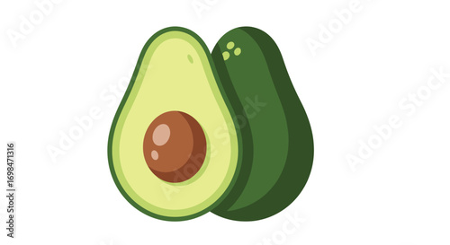 A vibrant cartoon illustration of a whole and a halved avocado with its seed.
