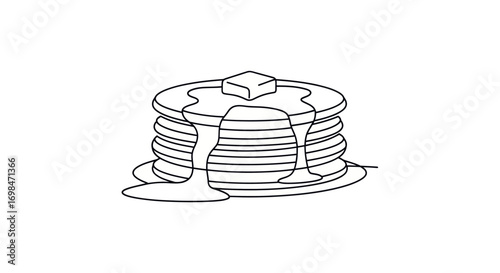 Simple line art drawing of a stack of pancakes with a pat of butter and dripping syrup.