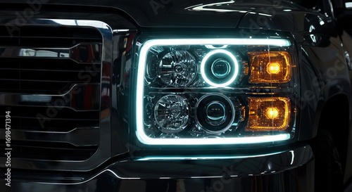 Closeup of a dark trucks illuminated headlight showcasing a square design with chrome grille details