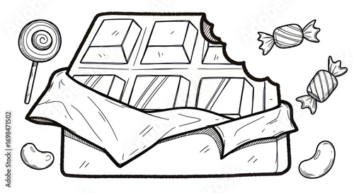 Black and white line art illustration of a bitten chocolate bar and assorted candies.
